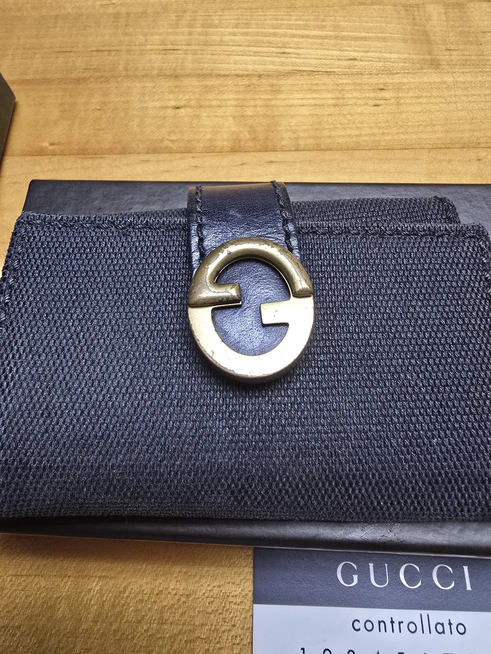 Gucci Black Canvas Key Holder with Brass GG Emblem